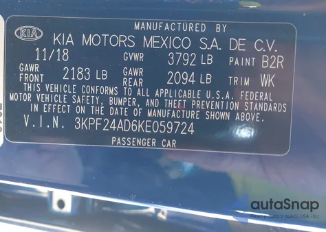 2019 Kia Forte Lxs z USA, uszkodzony, nr VIN 3KPF24AD6KE059724